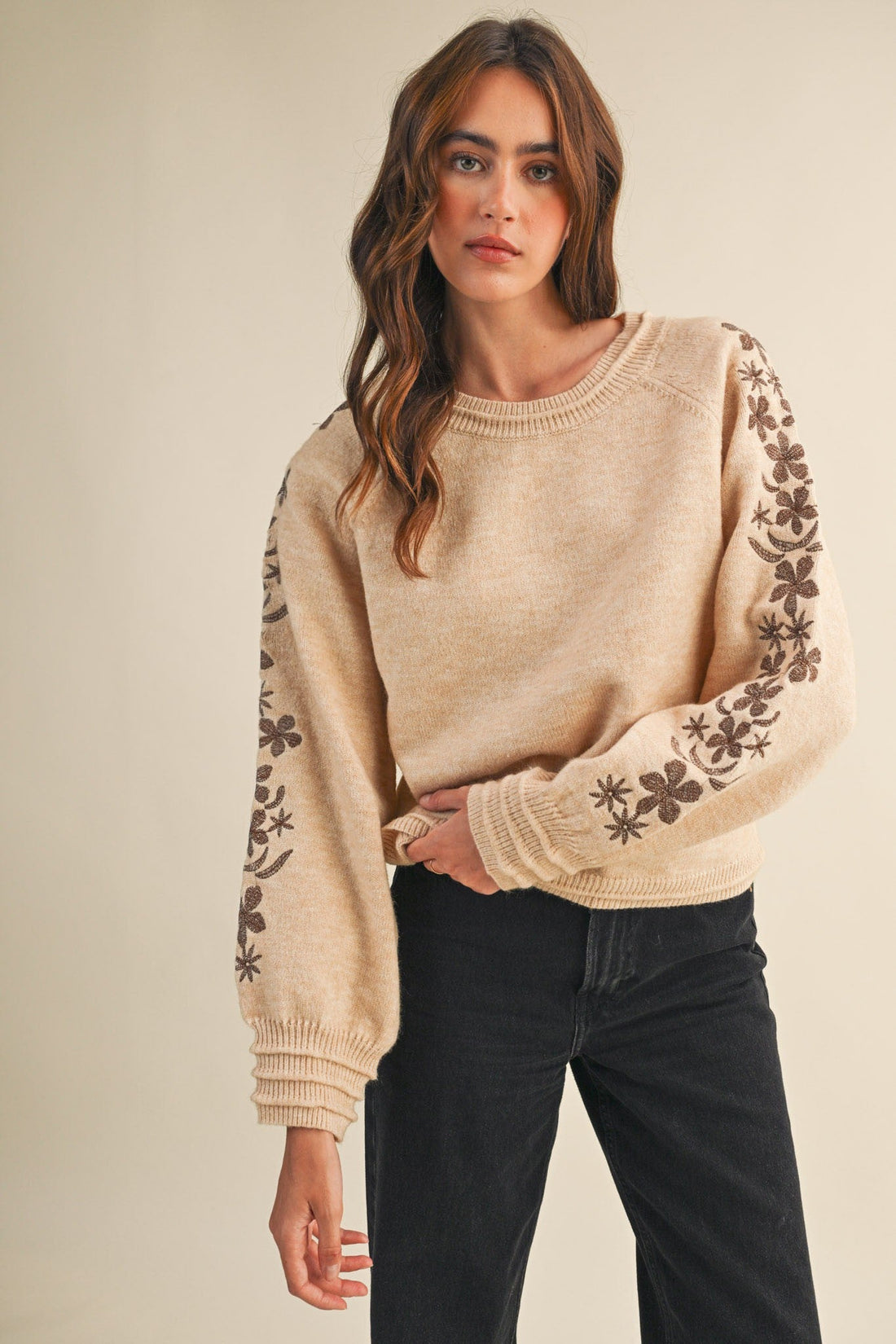 Oatmeal Brown Isla Embroidered Sweater