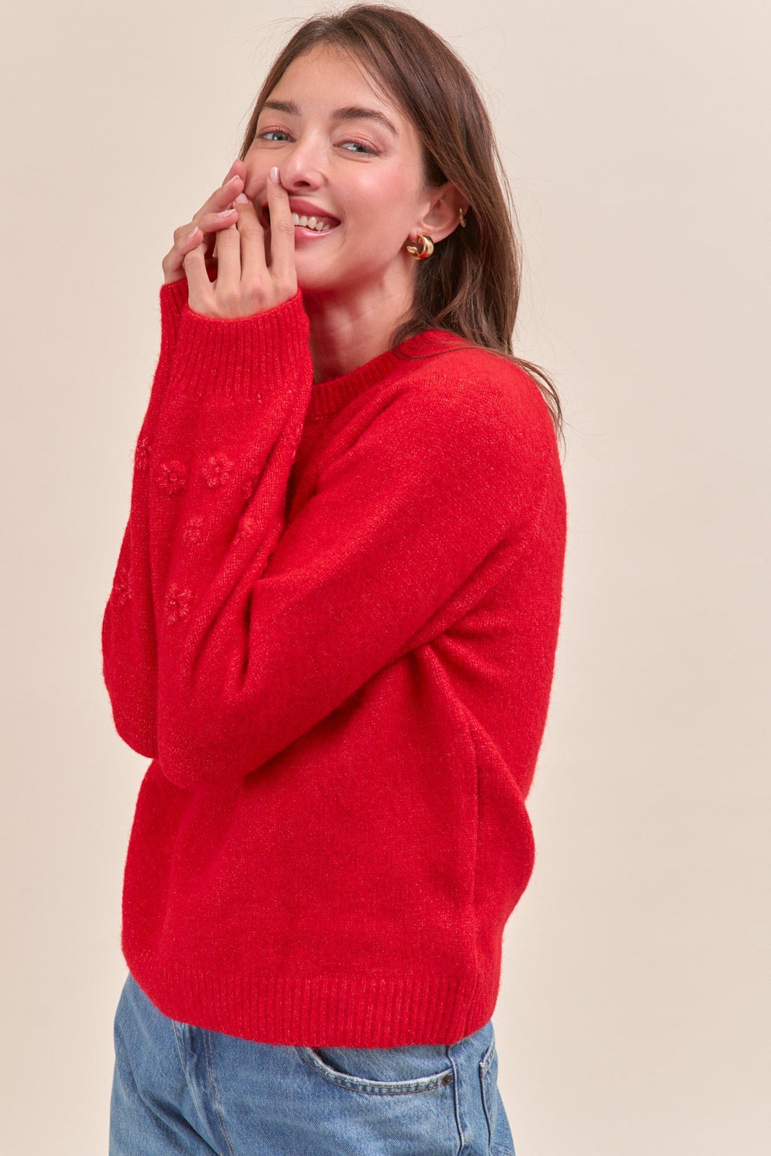 Red Christina Floral Knit Sweater